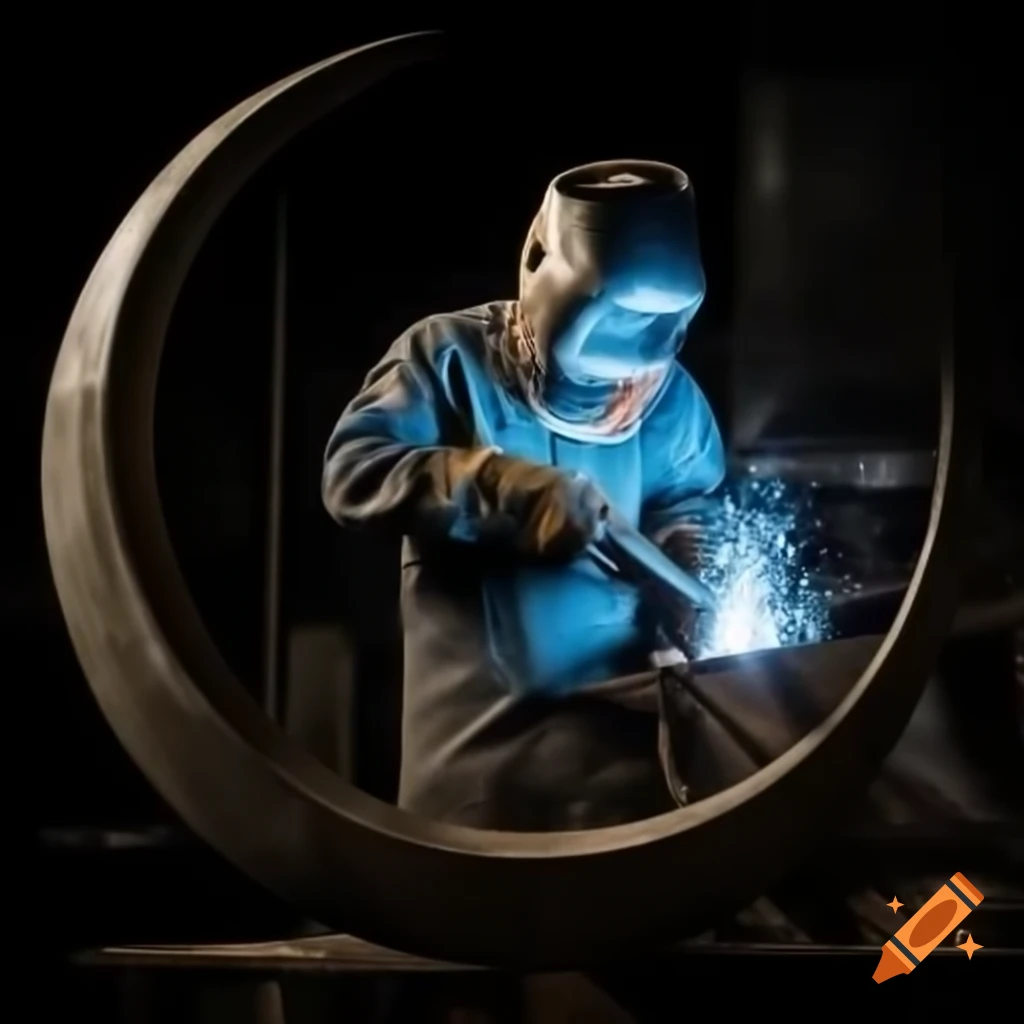 Welder working on rowers frame on dark side of the moon, hyper realistic