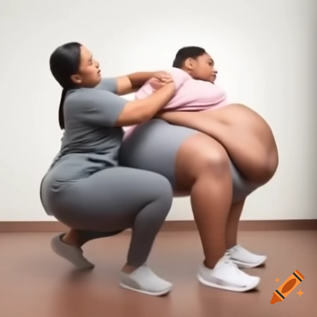 Funny female physiotherapist squatting with heavy patient on her back