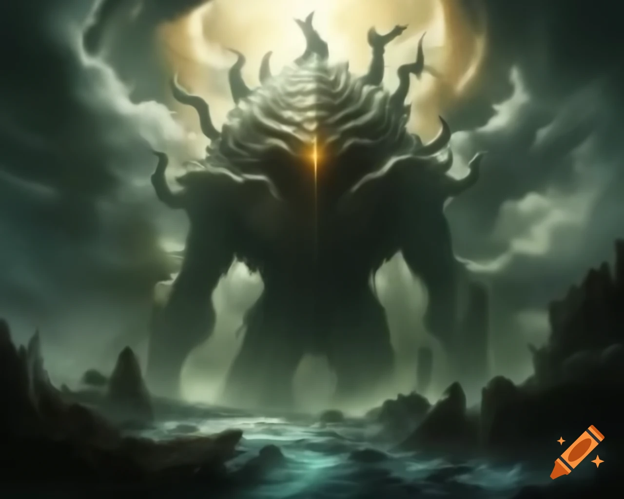Majestic scene of colossal creature awakening in swirling fog with ethereal glow