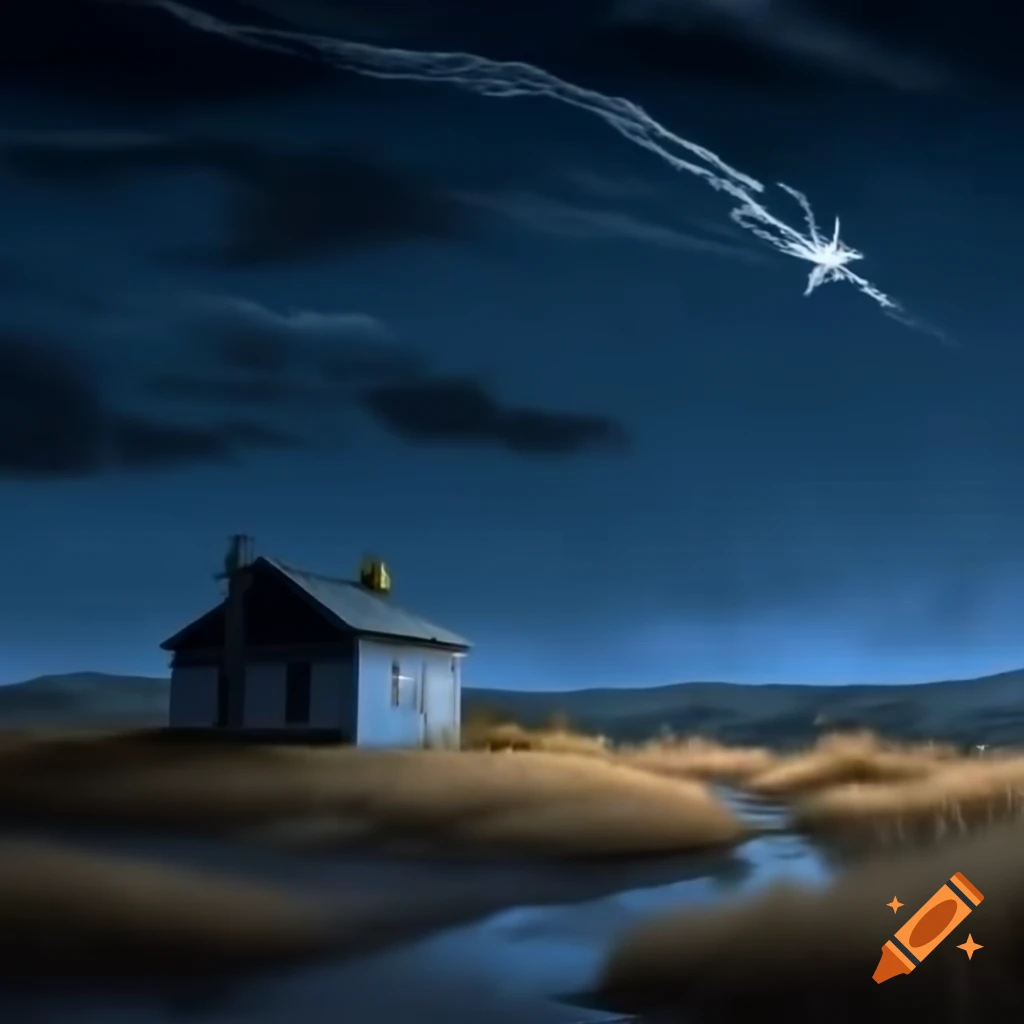 Nighttime landscape with stars and drizzle, featuring iron house on dry land and grass on wet soil
