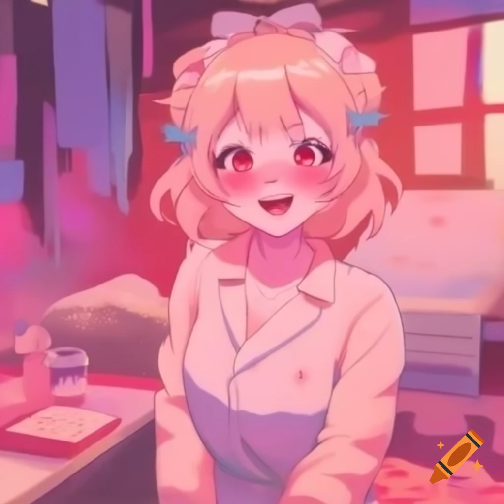 Cheerful Japanese anime woman in vibrant pink room with Y2K decorations