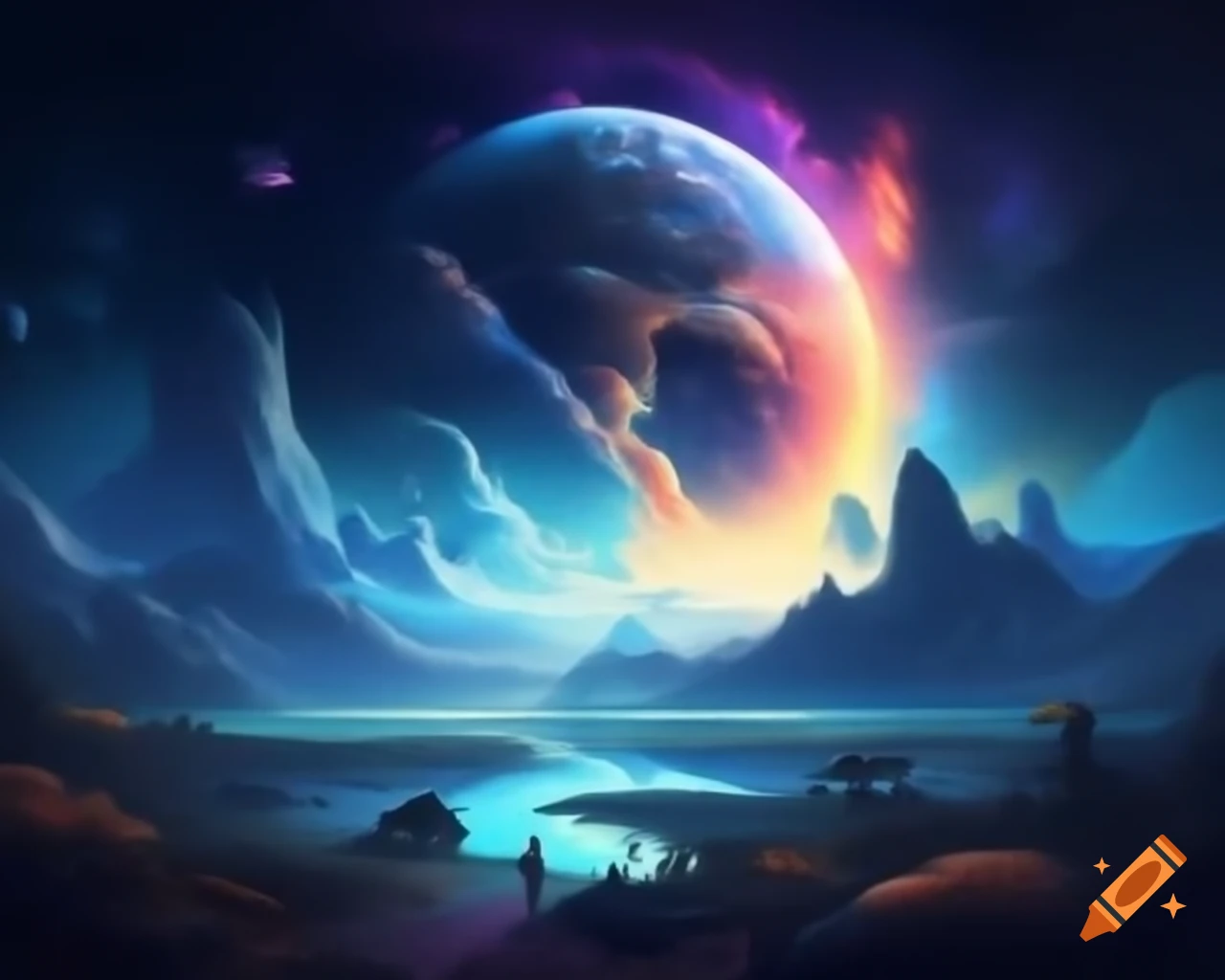 Surrealistic landscape with whimsical elements and vibrant colors