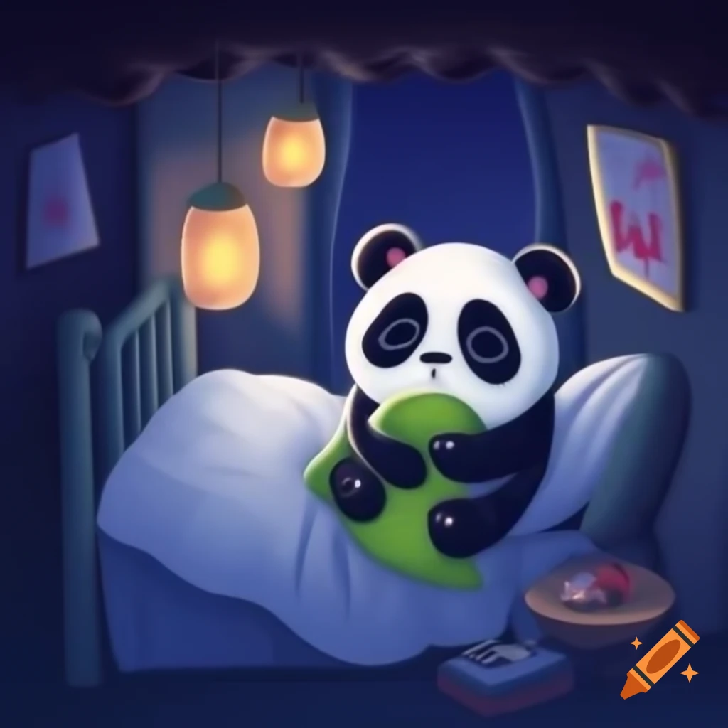 Two-year-old panda climbing into cozy bed with soft blanket and green stuffed turtle