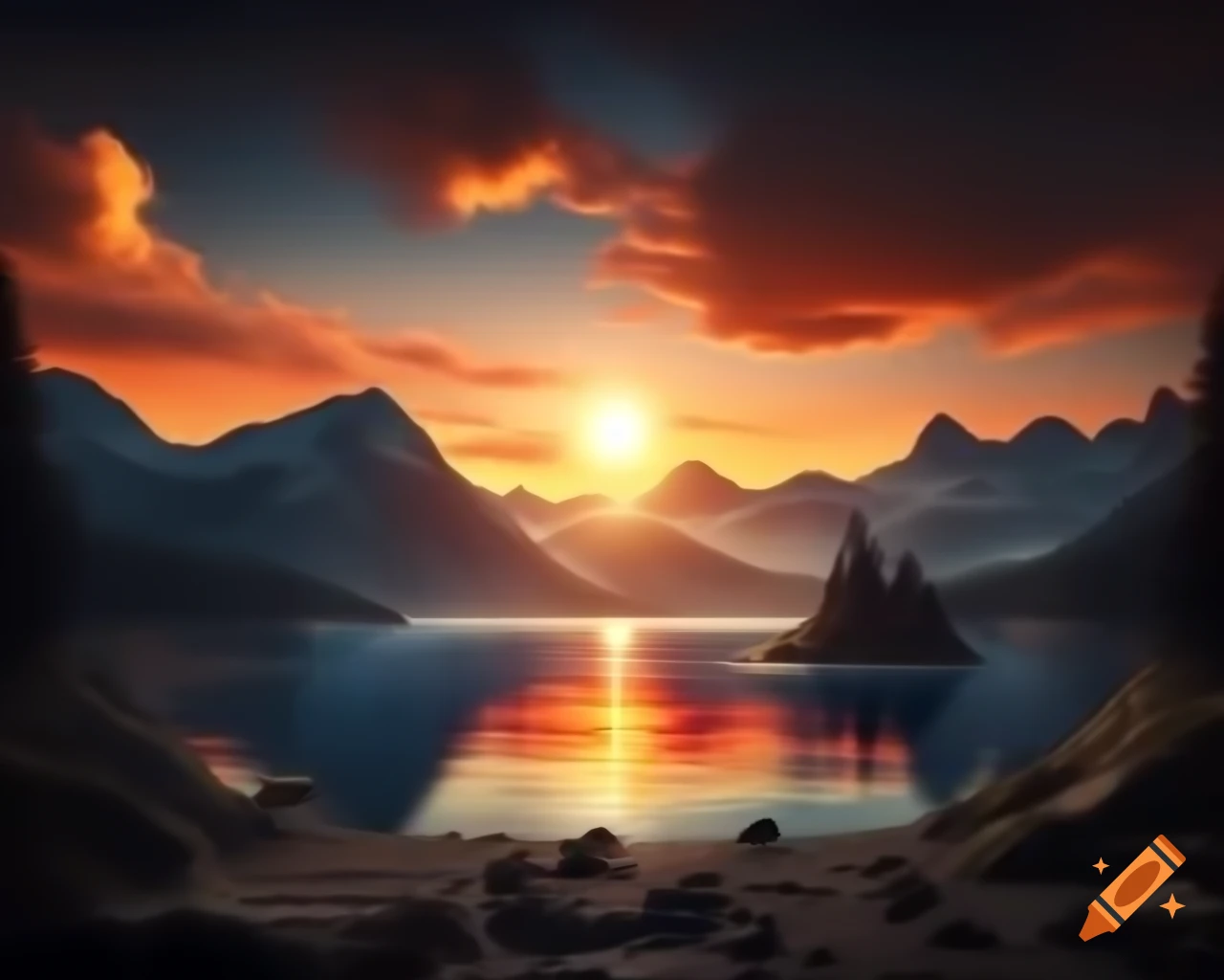 Photorealistic 3D render of mountain lake at sunset with sun rays and island