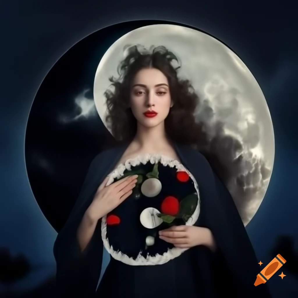 English woman holding rose in dark dress under yin yang moonlight with diamond orbs