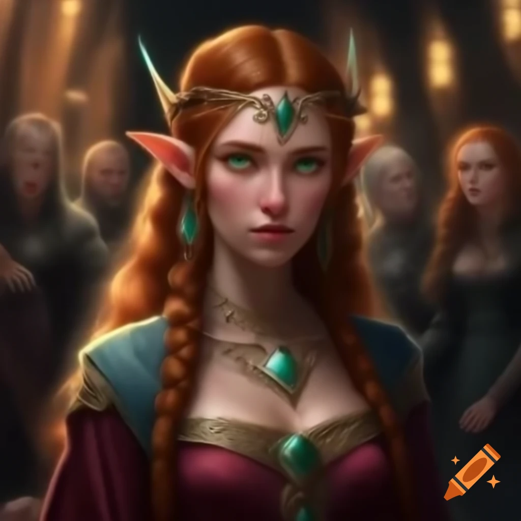 Elven noblewoman in rich fabrics and jewels at bustling court