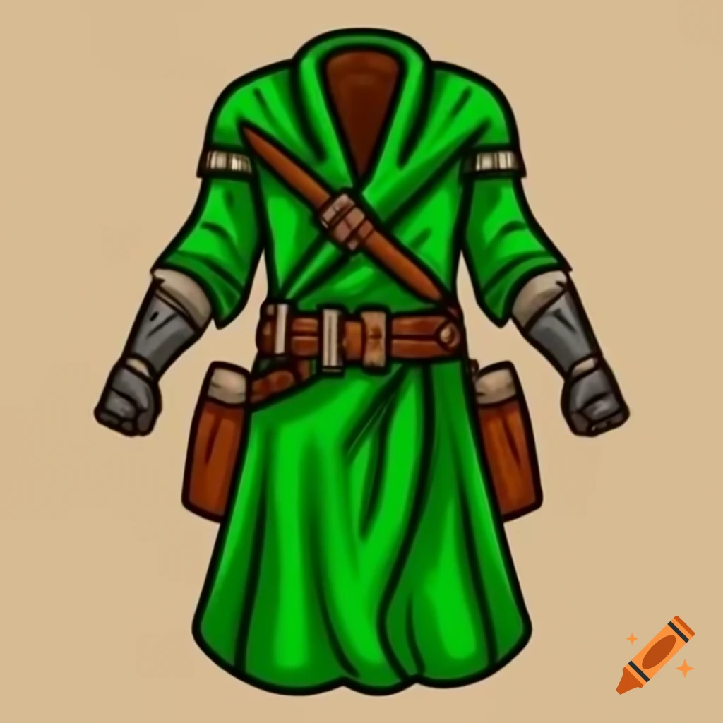 Green wool robe with leather armor and iron gauntlets in Darkest Dungeon style
