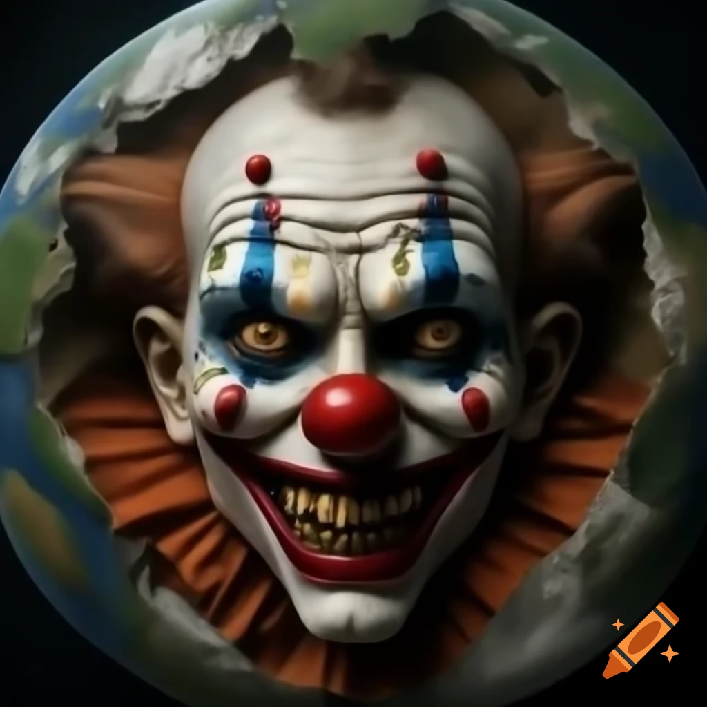 Clown head with maniacal eyes resembling realistic Earth