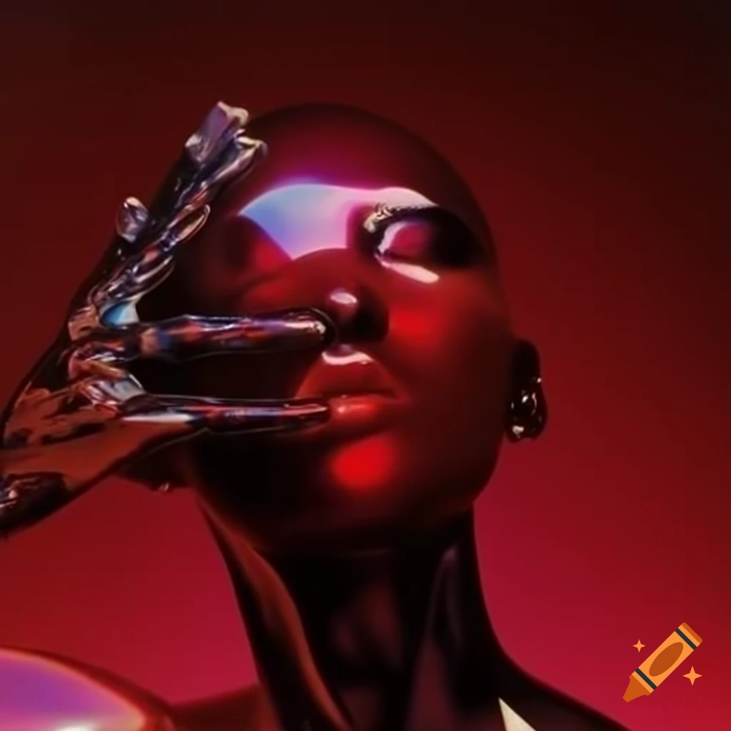 Iridescent red glass statue in pop surreal 2000's photography