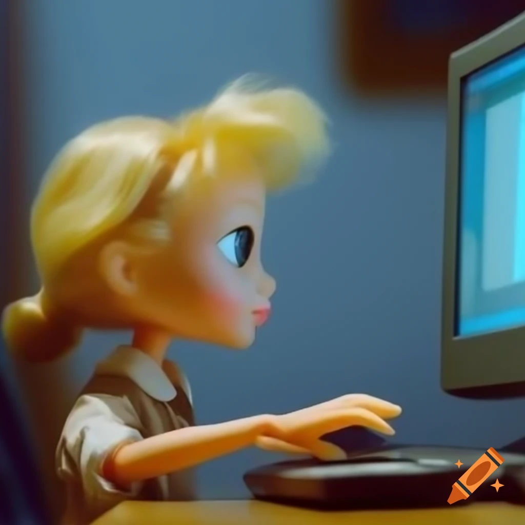 Blonde doll sitting on computer desk