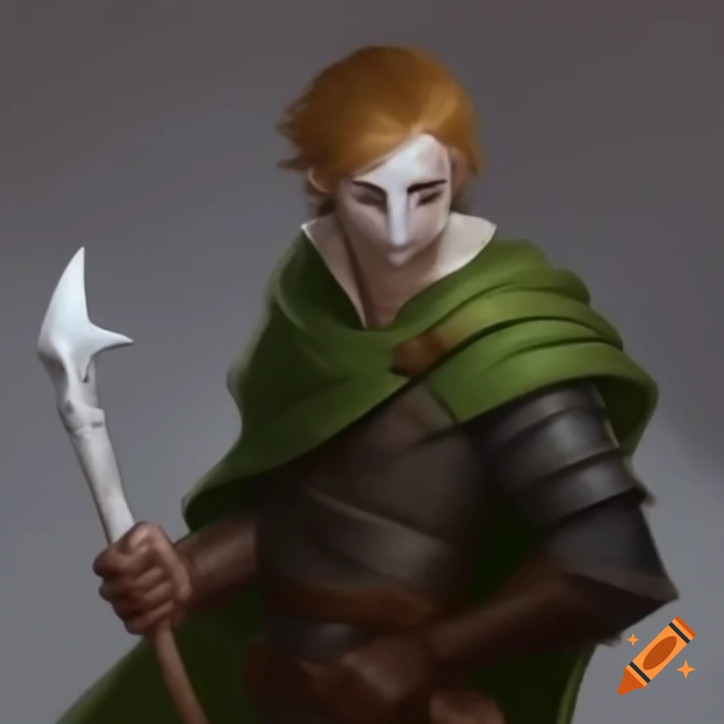 Medieval warrior in green cloth with white staff and bandaged eyes