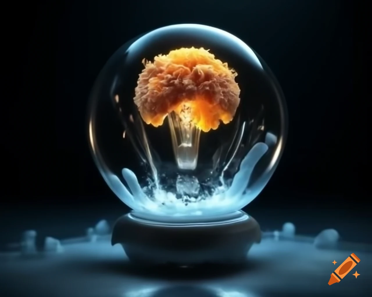 Electric tableau inside incandescent bulb with glowing filament and luminous particles