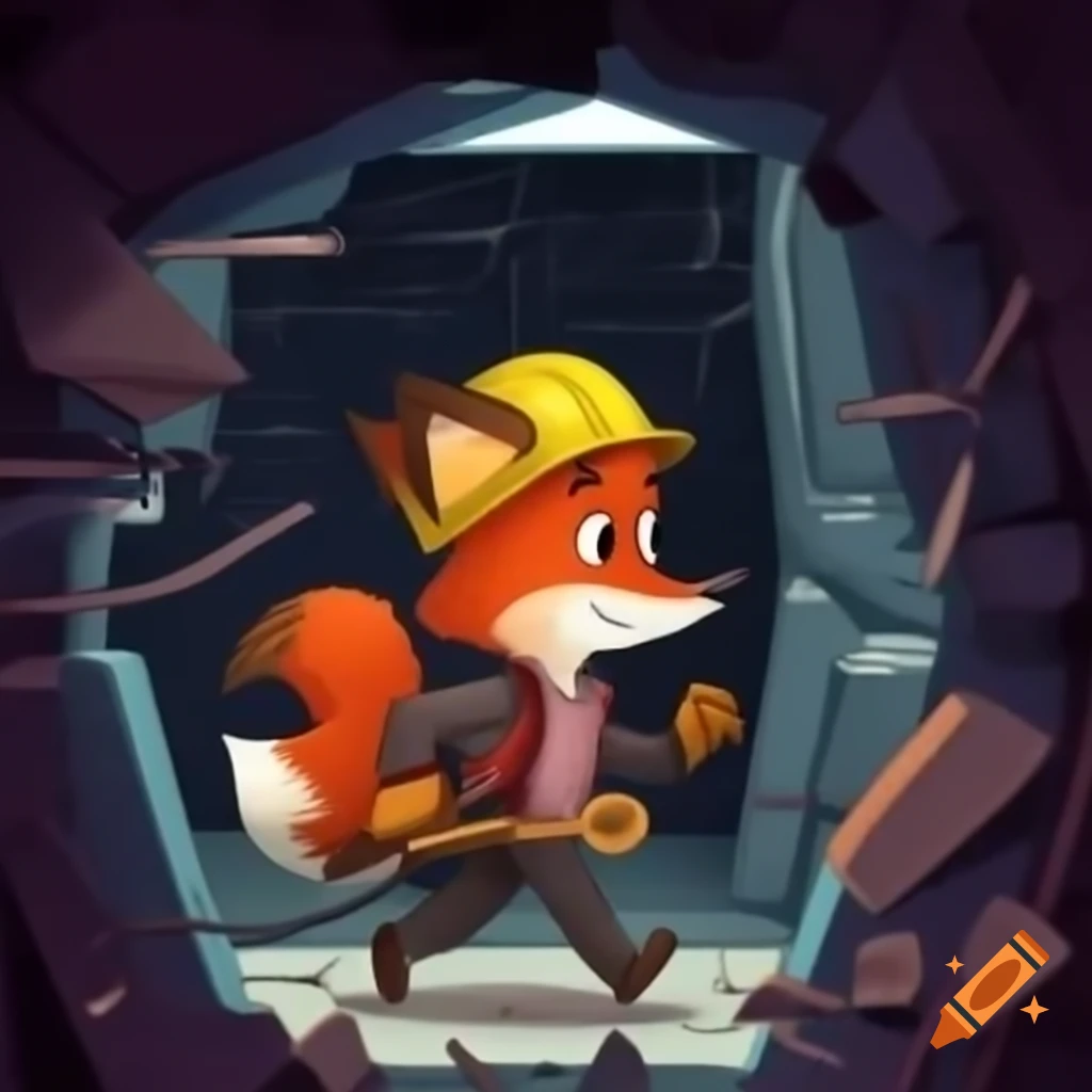 Cartoon fox in hard hat walking into mine with damaged support
