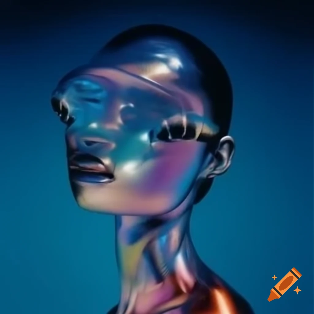 Pop surreal photography featuring iridescent glass statue