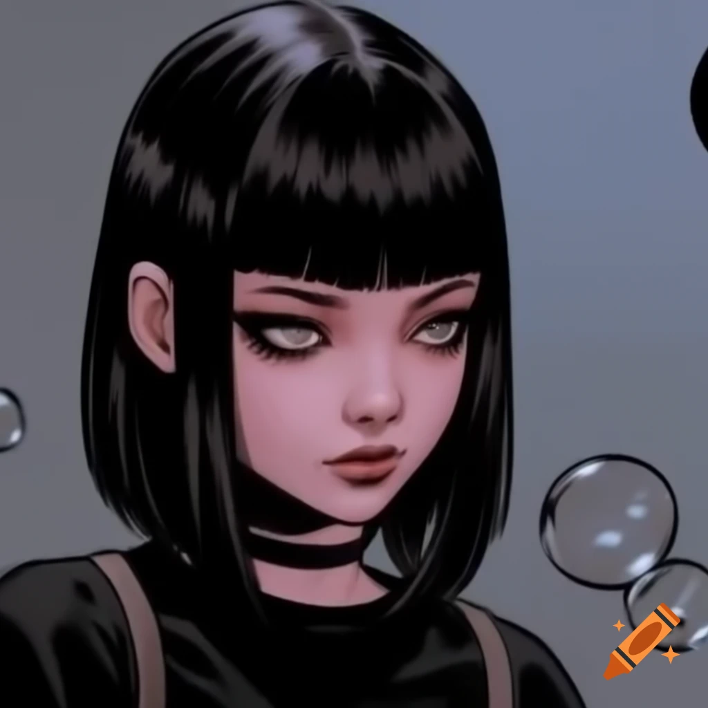 Comic book style emo girl in black with buzz cut and voice bubbles