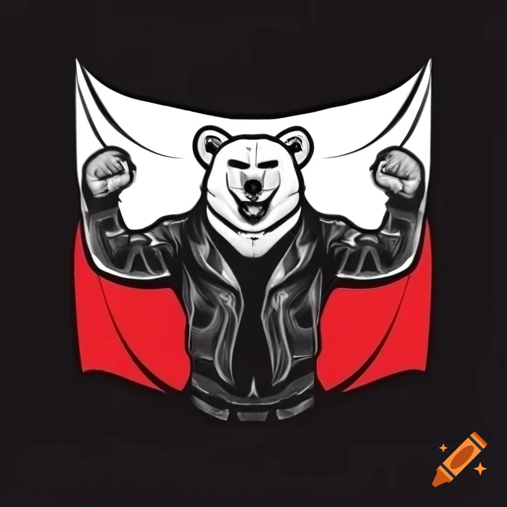 Polar bear in biker helmet standing proudly before Polish flag