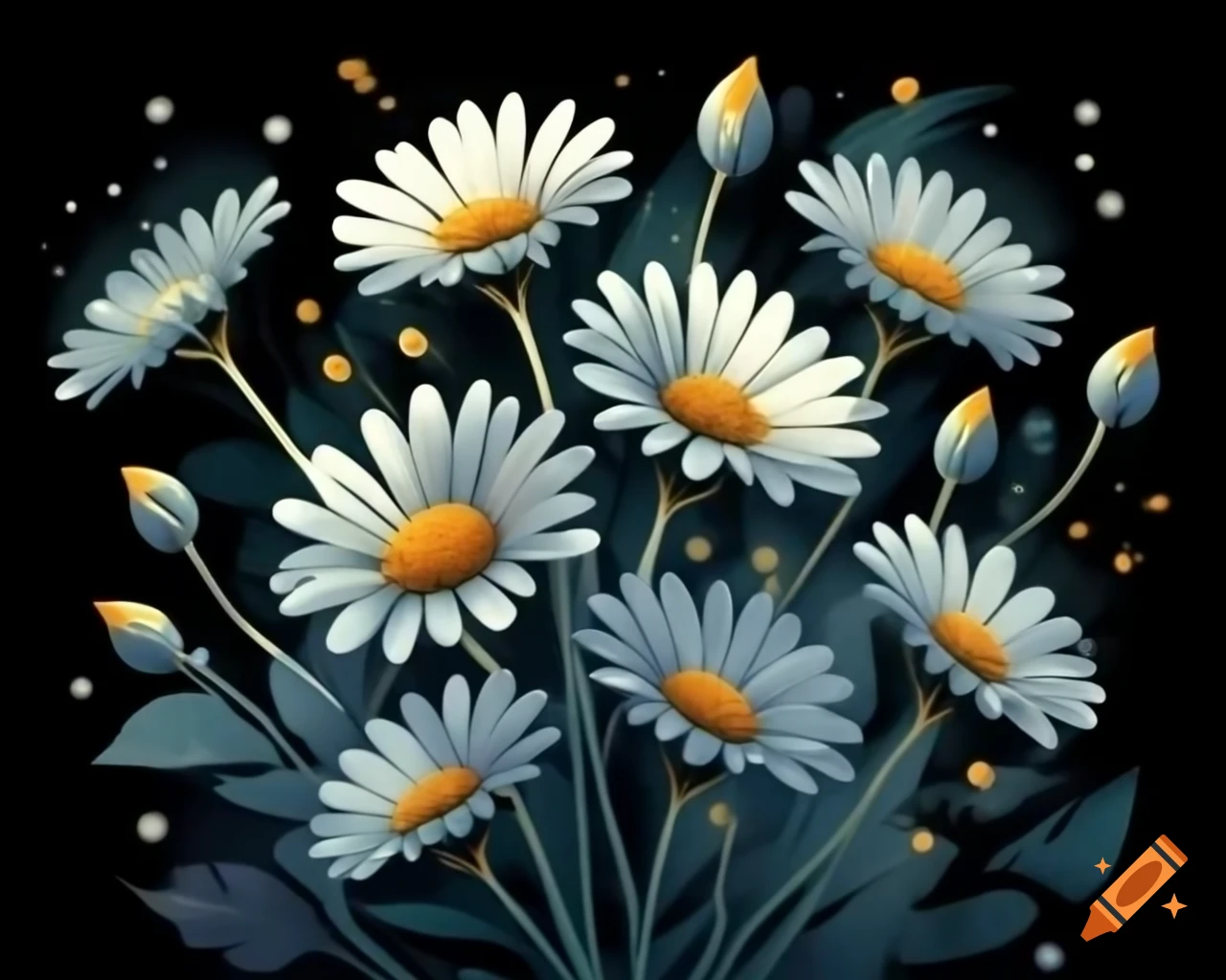 Tiny luminous daisies in watercolor shades of gold, silver, and white in storybook style