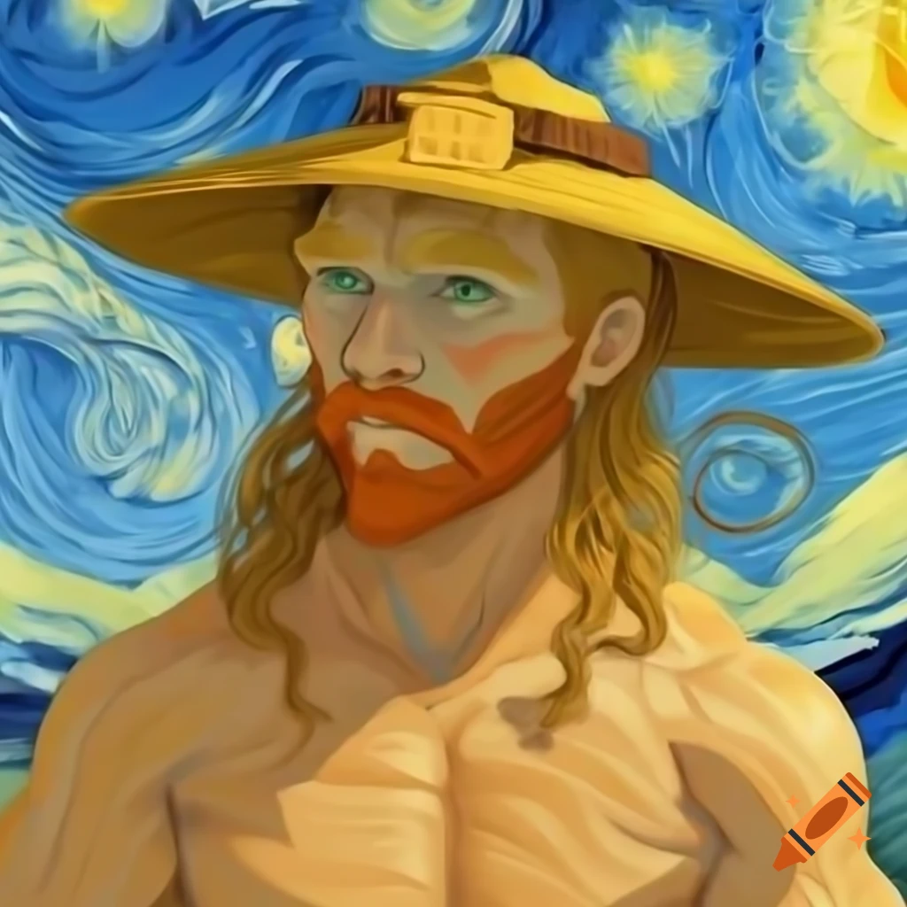 Muscular warrior character illustrated in Van Gogh style