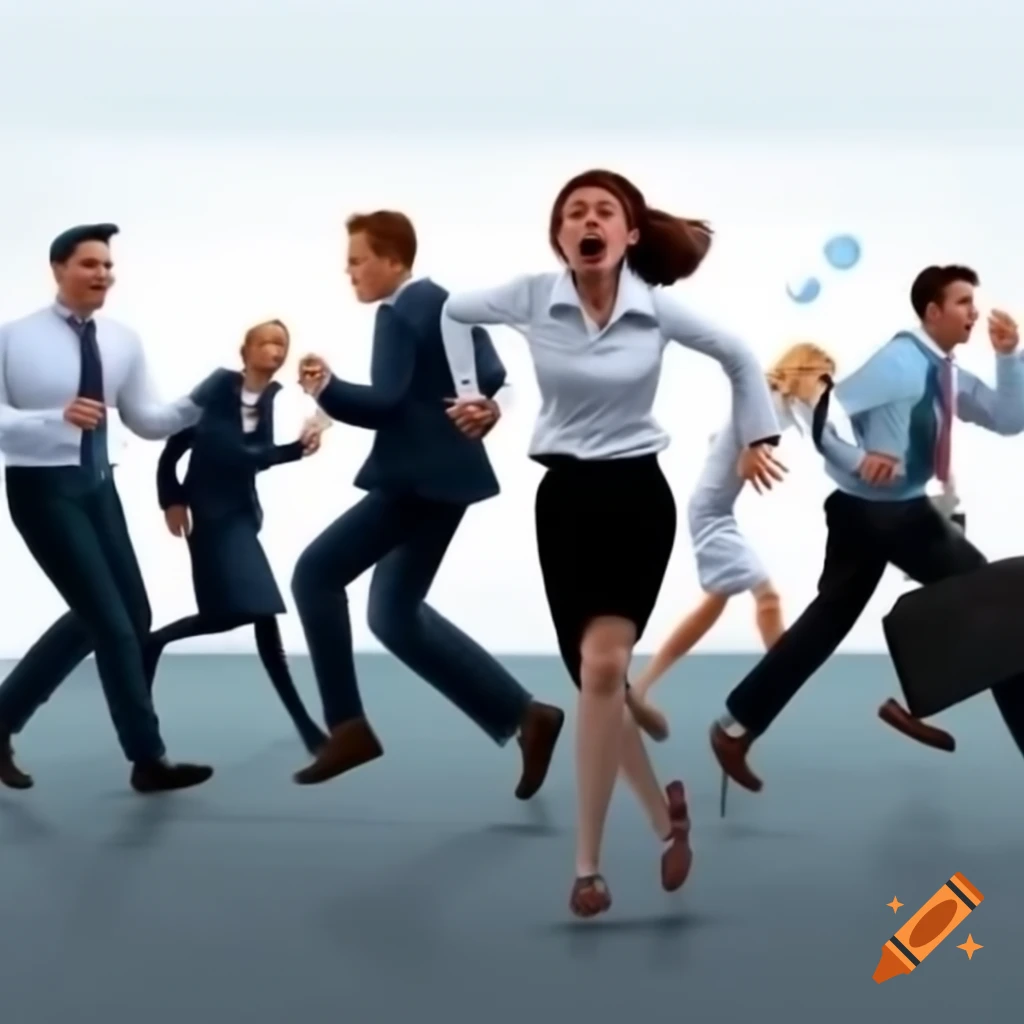 Group of managers appearing scared and confused in a chaotic setting