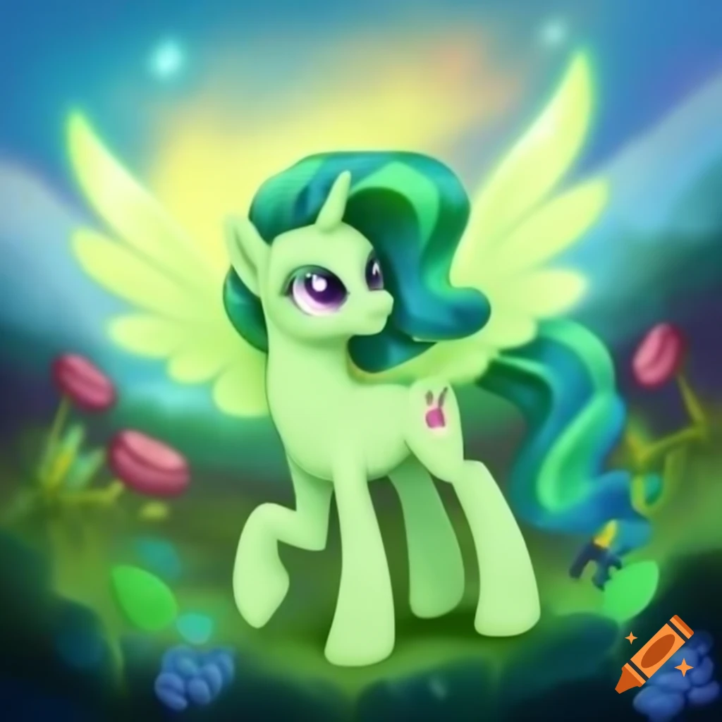 Magical green pony with aurora-like hair flying over colorful floral landscape