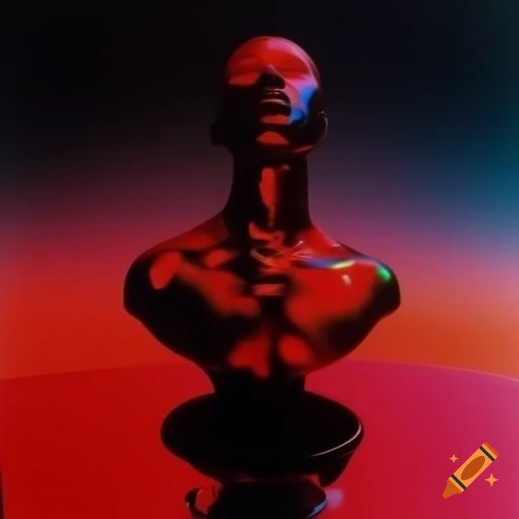 Pop surreal photography featuring iridescent red glass statue