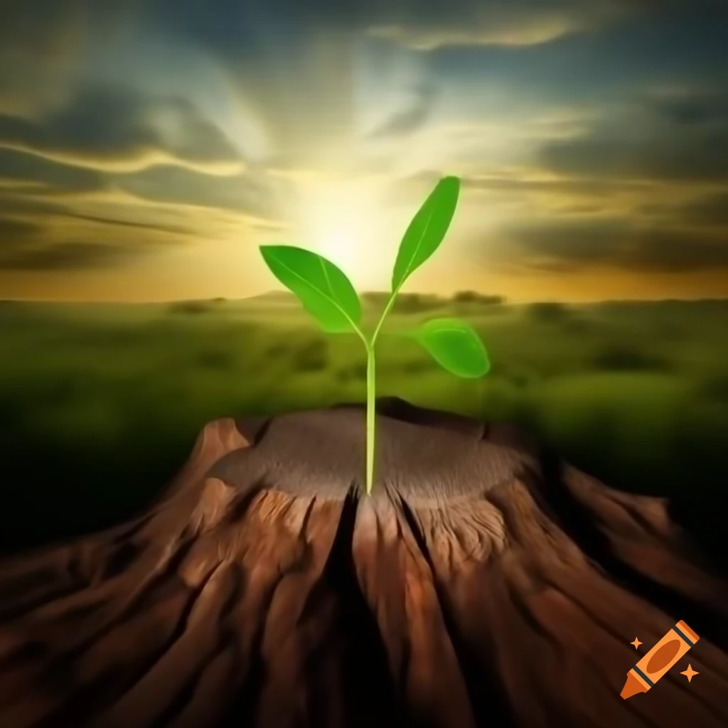 Vibrant green shoots emerging from a weathered stump in golden sunlight