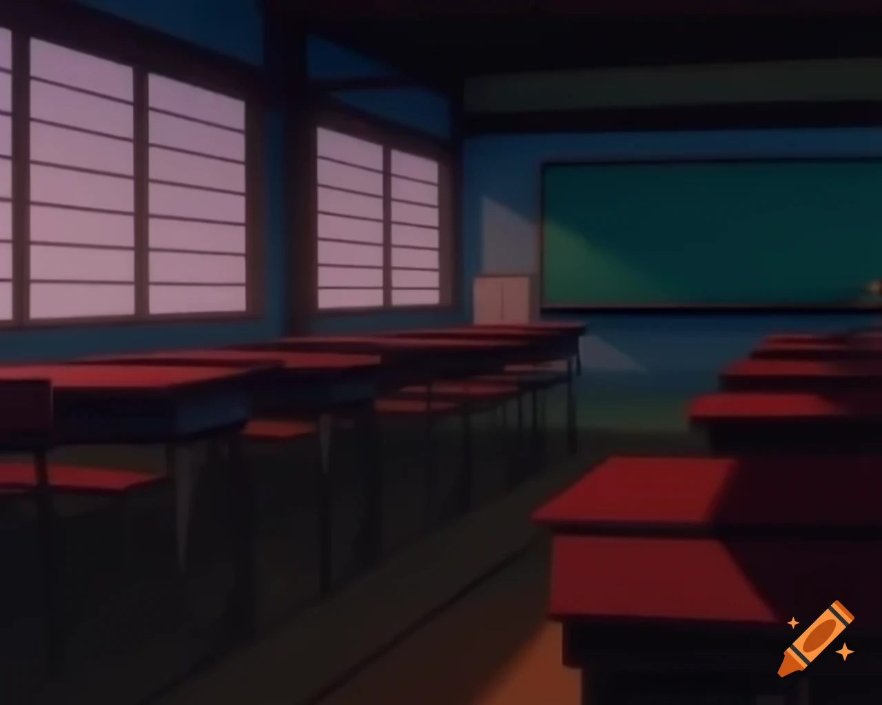 Anime-style janitor room in Japanese school with dark red colors