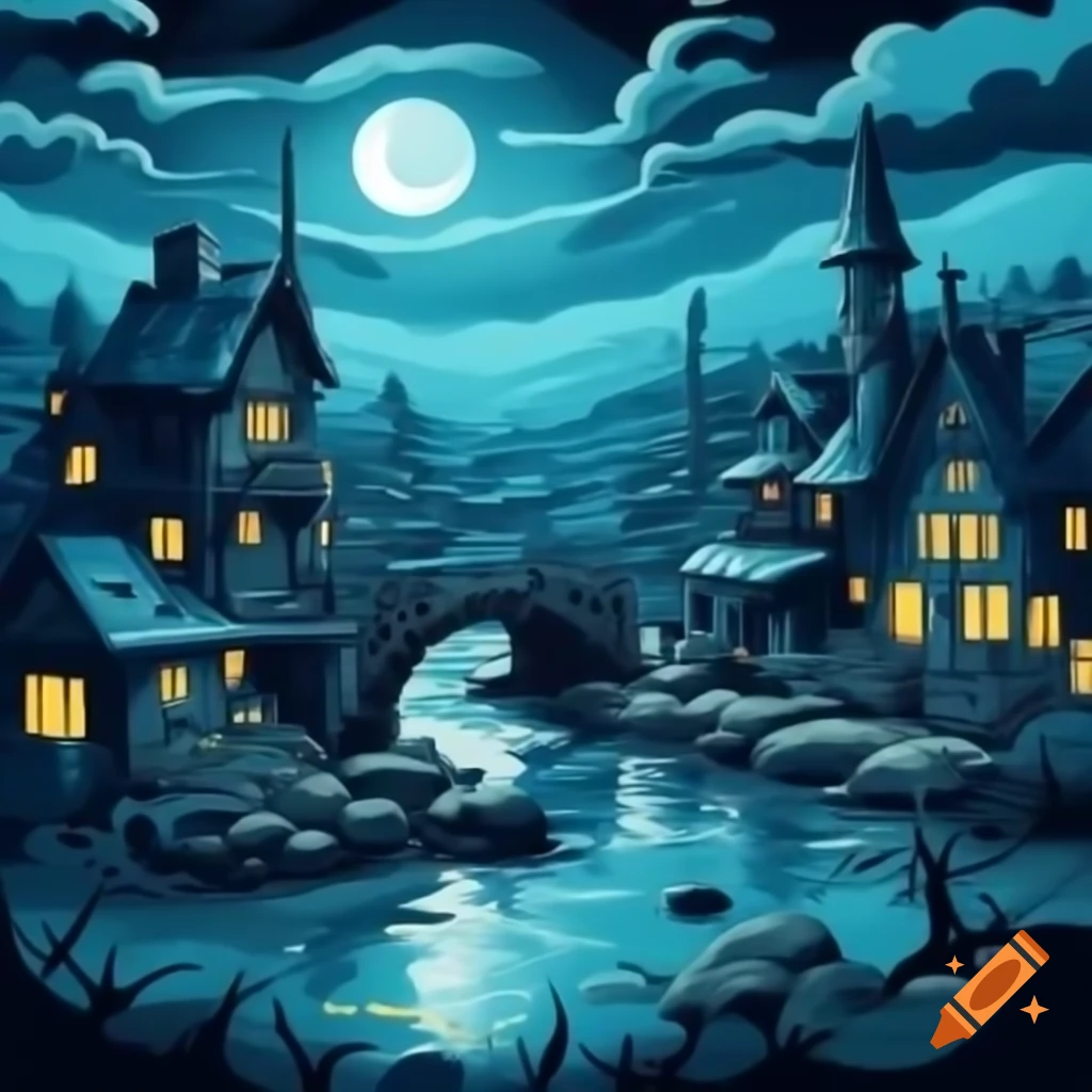Steampunk village with watermelons under full moon, aquarelle style