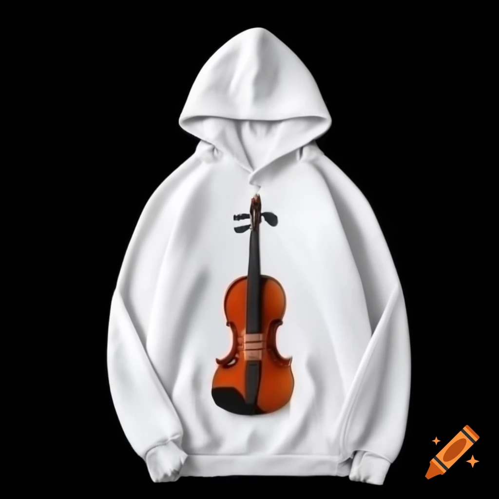 White hoodie featuring a printed violin design