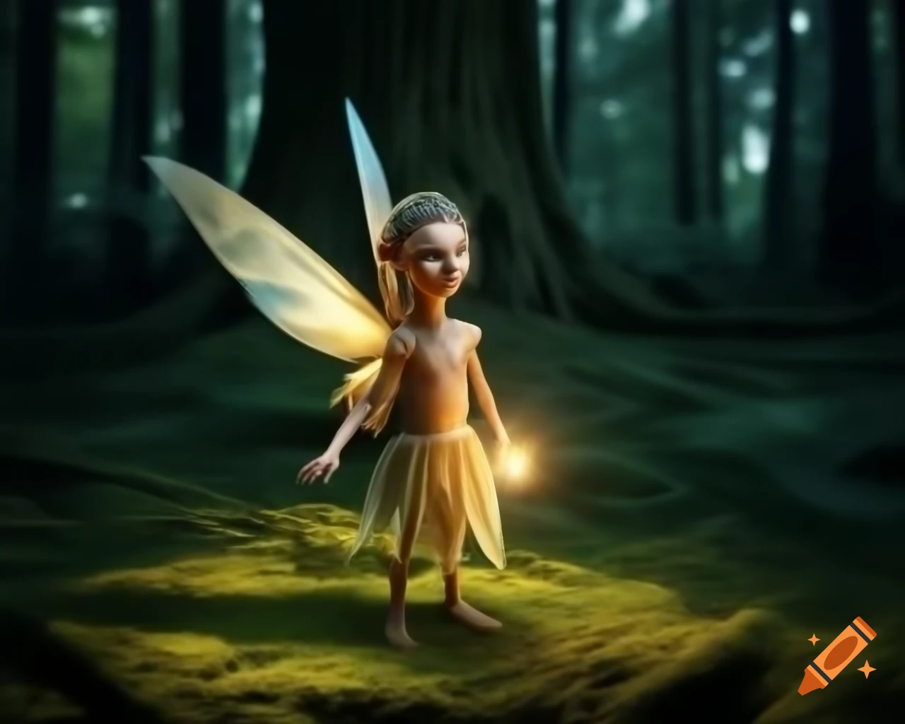Photorealistic 3D render of fairy standing by tree in forest with raytracing