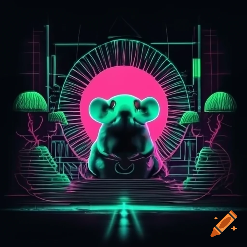 Futuristic album cover for rat plant with neon colors and industrial