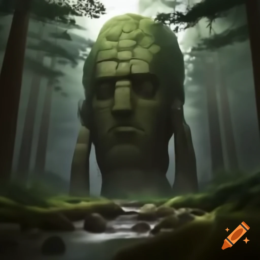 Giant Aztec stone head in forest with floating stone hands