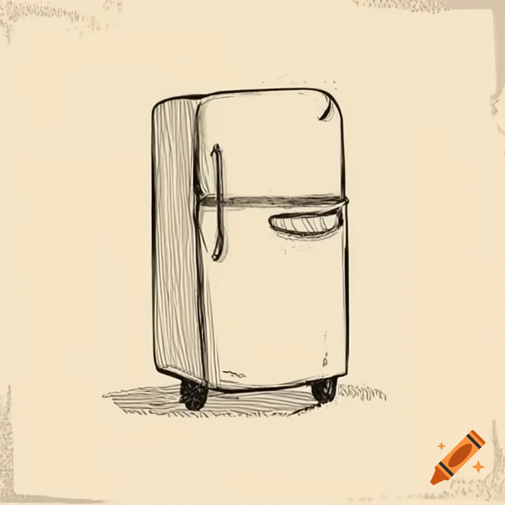 Whimsical wheeled refrigerator with playful expression drawn on paper