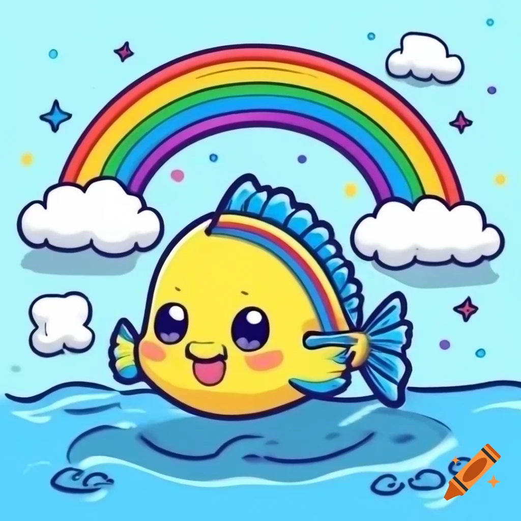 Cute flounder drawing under a rainbow in pencil