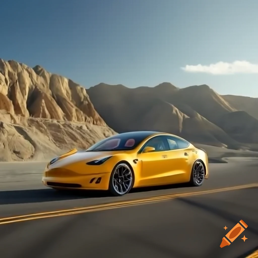 Yellow Tesla Model Y driving through Rocky Mountains