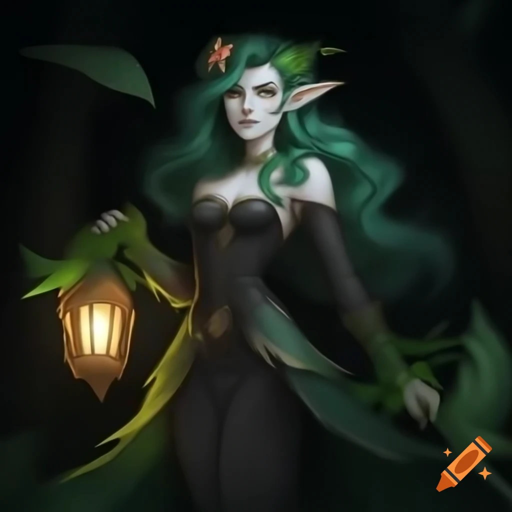 Strong druid girl with dark green hair in black gown walking through dark forest with lantern
