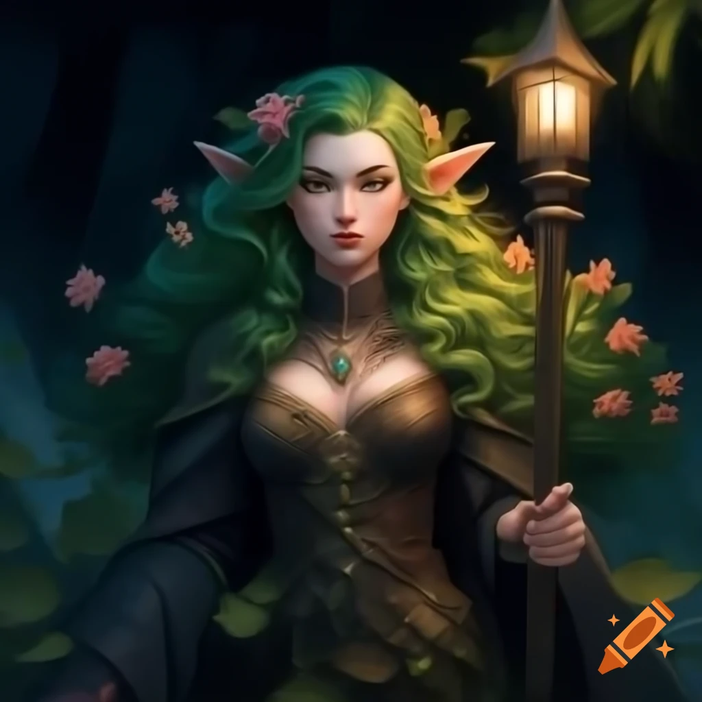 Detailed portrait of a druid girl with dark green hair in a black gown, walking through a dark forest holding a lantern