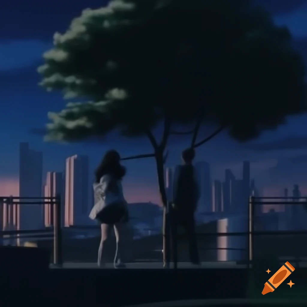 Anime couple in front of city near tree during evening