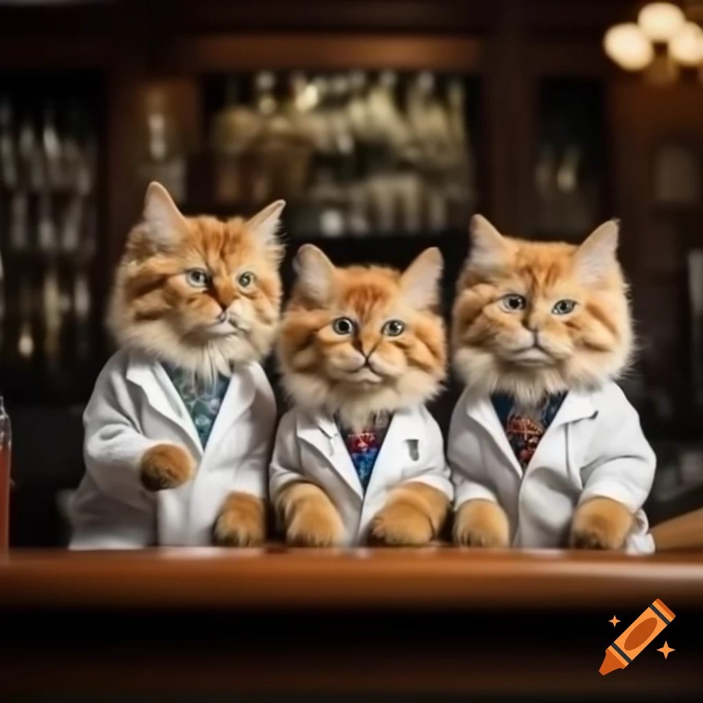 Siberian cats in lab coats checking patients at a glamorous bar with musicians