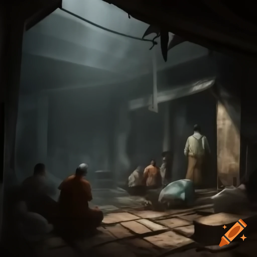Dark rainy medieval tavern scene with beggars and monks