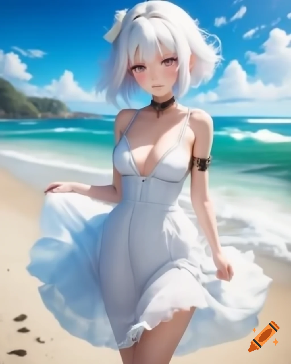 Anime character with white hair in sundress on a beach in realistic style