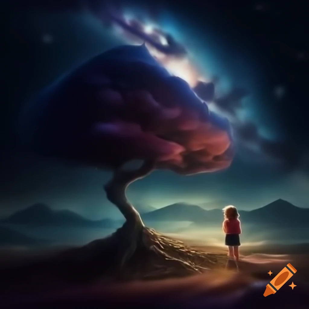 Portrait of child under galaxy tree with long hair in 8k resolution