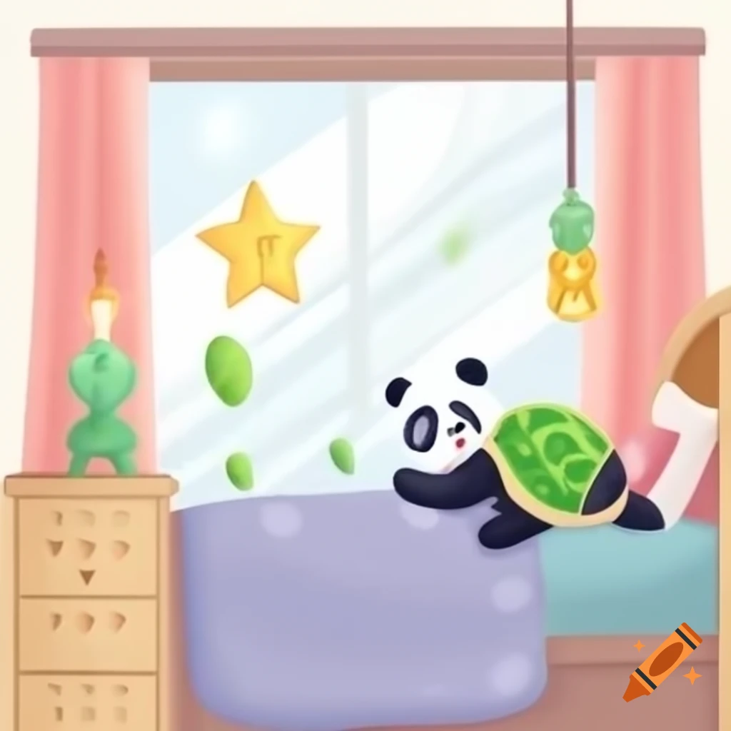 2-year-old panda climbing into cozy bed with blanket and stuffed turtle, starry night view