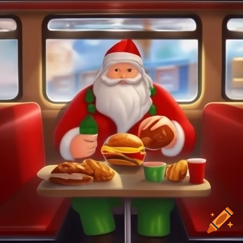 Santa Claus eating a burger in a festive setting