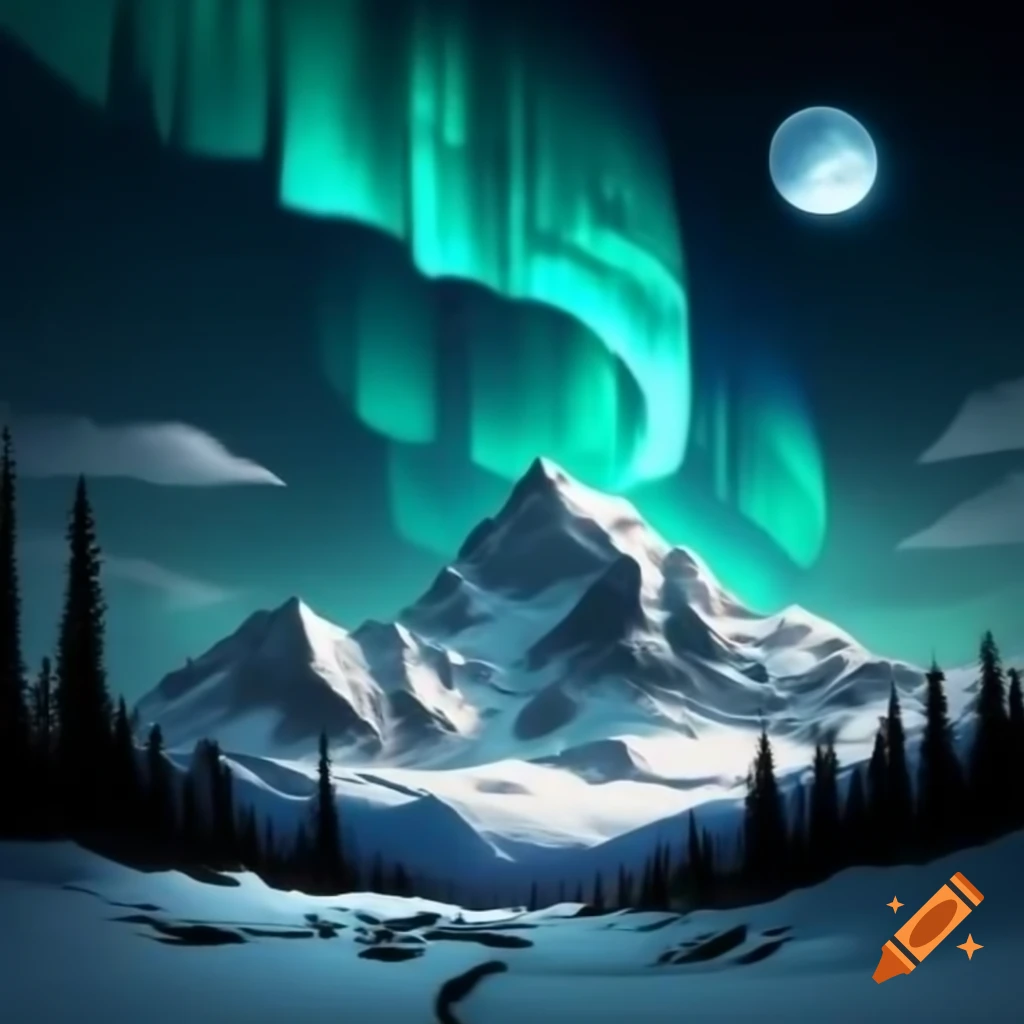 Snow-covered mountains illuminated by northern lights and moonlight