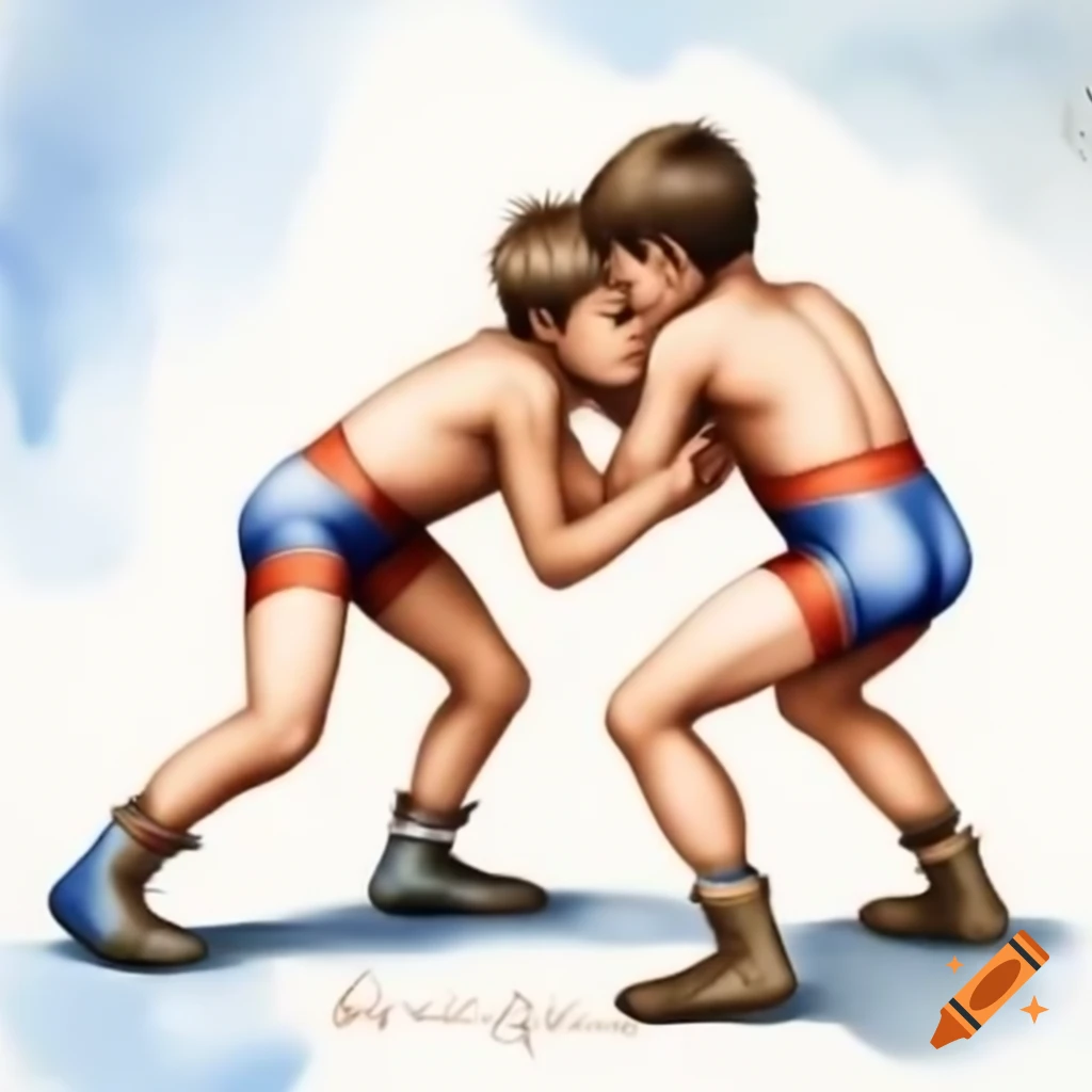 Ancient Greek boys wrestling in a competitive match