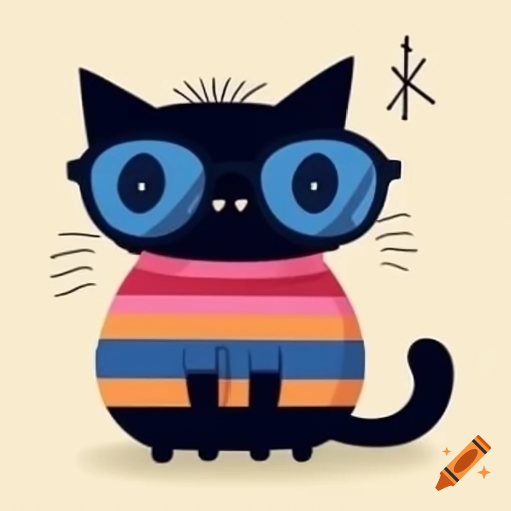 Cartoon art of black cat with pyjama stripes and sunglasses