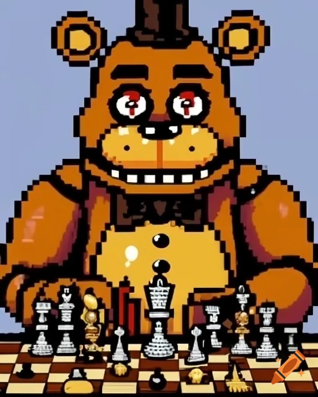 Freddy Fazbear playing chess in detailed 1980's pixel art style