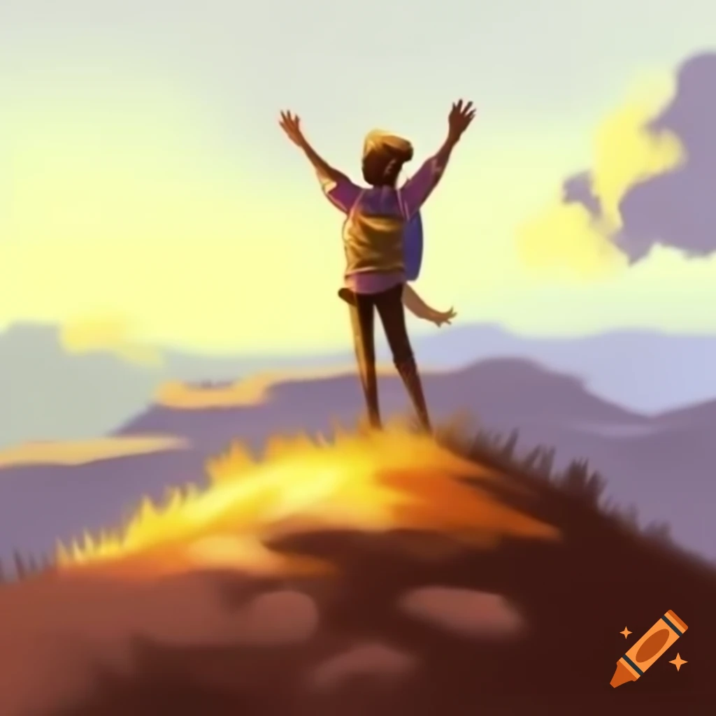 Pencil sketch of person standing on hilltop with arms raised in triumph