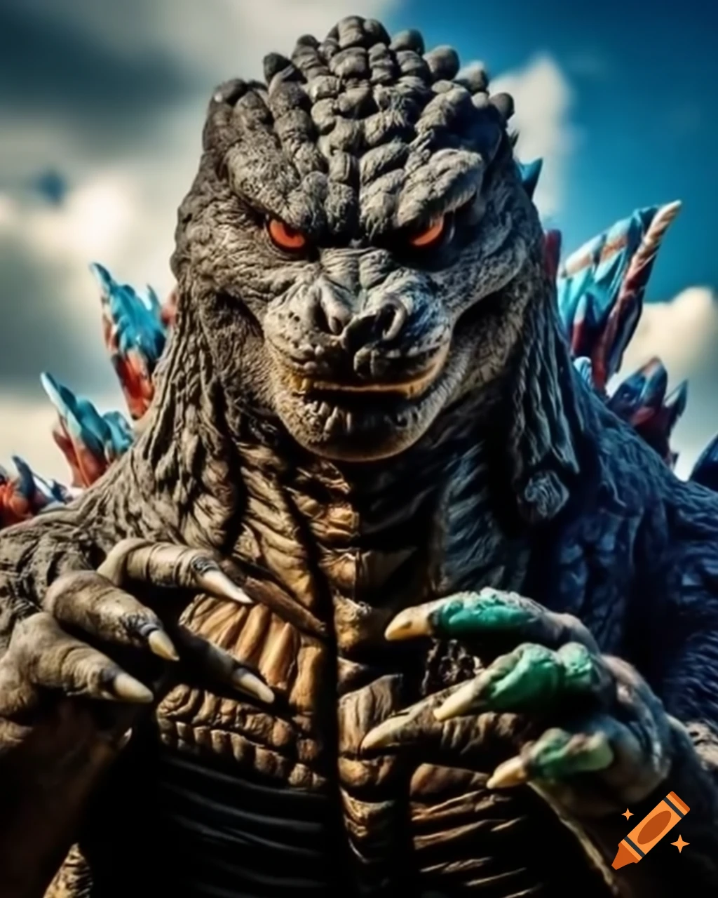 Hyper-realistic selfie of Godzilla making peace sign with detailed facial features